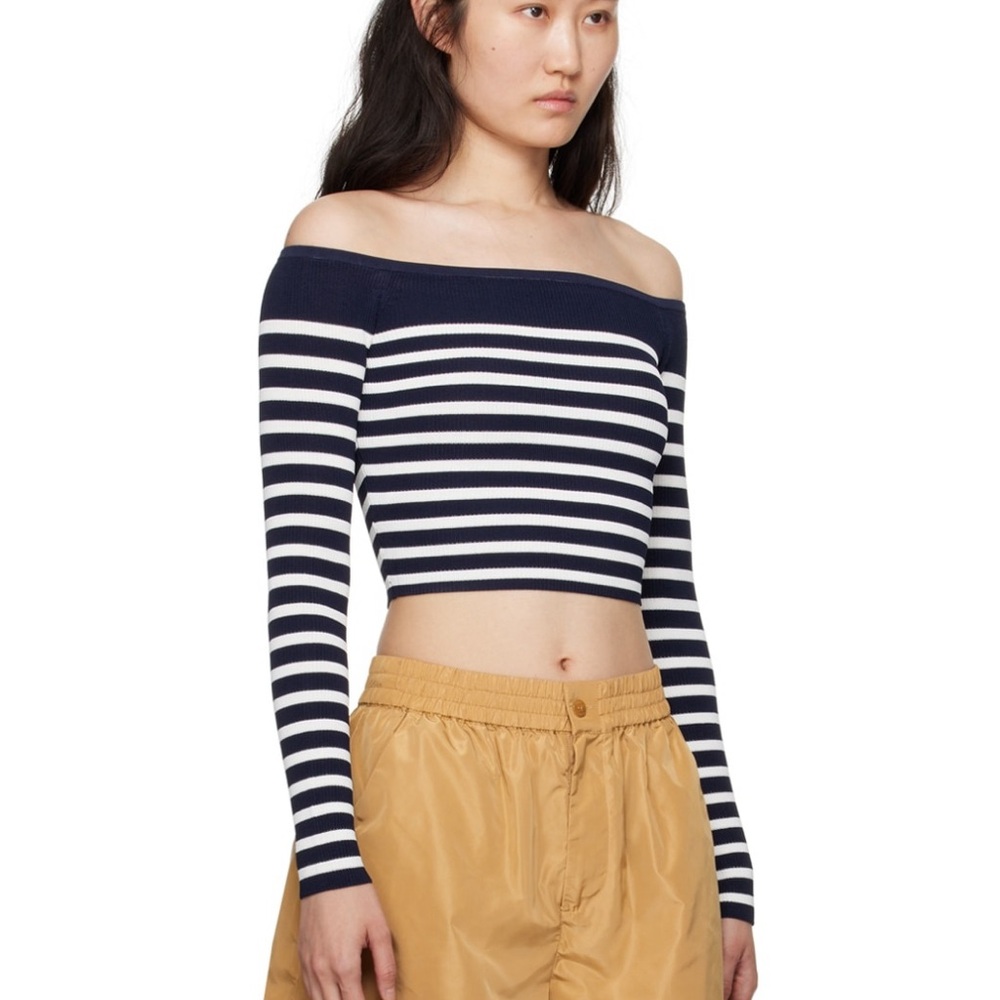 STAUD Navy and White Striped Off-Shoulder Top